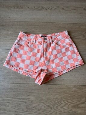 Nasty Gal Coral Pink and White Checkerboard Denim Shorts